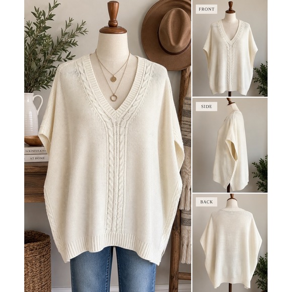 Talbots Sweaters - Talbots Ivory Cable Knit V-Neck Poncho Sweater 
L NWT Transitional Oversize